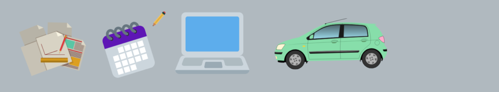 A laptop and car are shown next to each other.